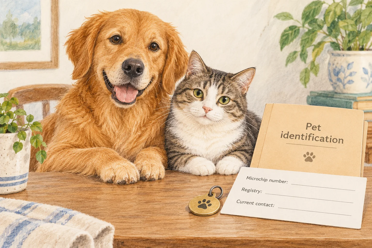Generated watercolor illustration of a dog and cat beside an identification tag and microchip registration card