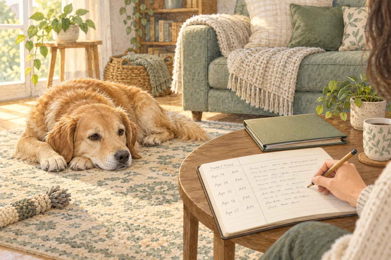 Generated watercolor illustration of a resting dog while an owner writes observations beside a folder of records