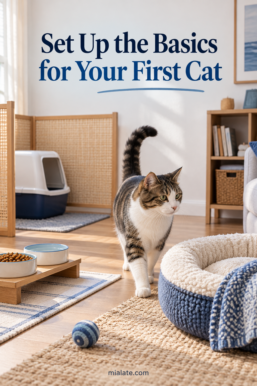 AI-created illustration for Set Up the Basics for Your First Cat — MiaLate