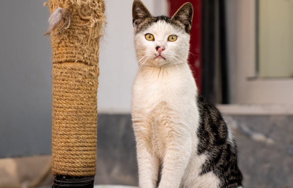 Cat sitting beside a worn sisal scratching post